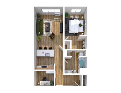Floor plan for 1 bed, 1 bath, 858 sqft